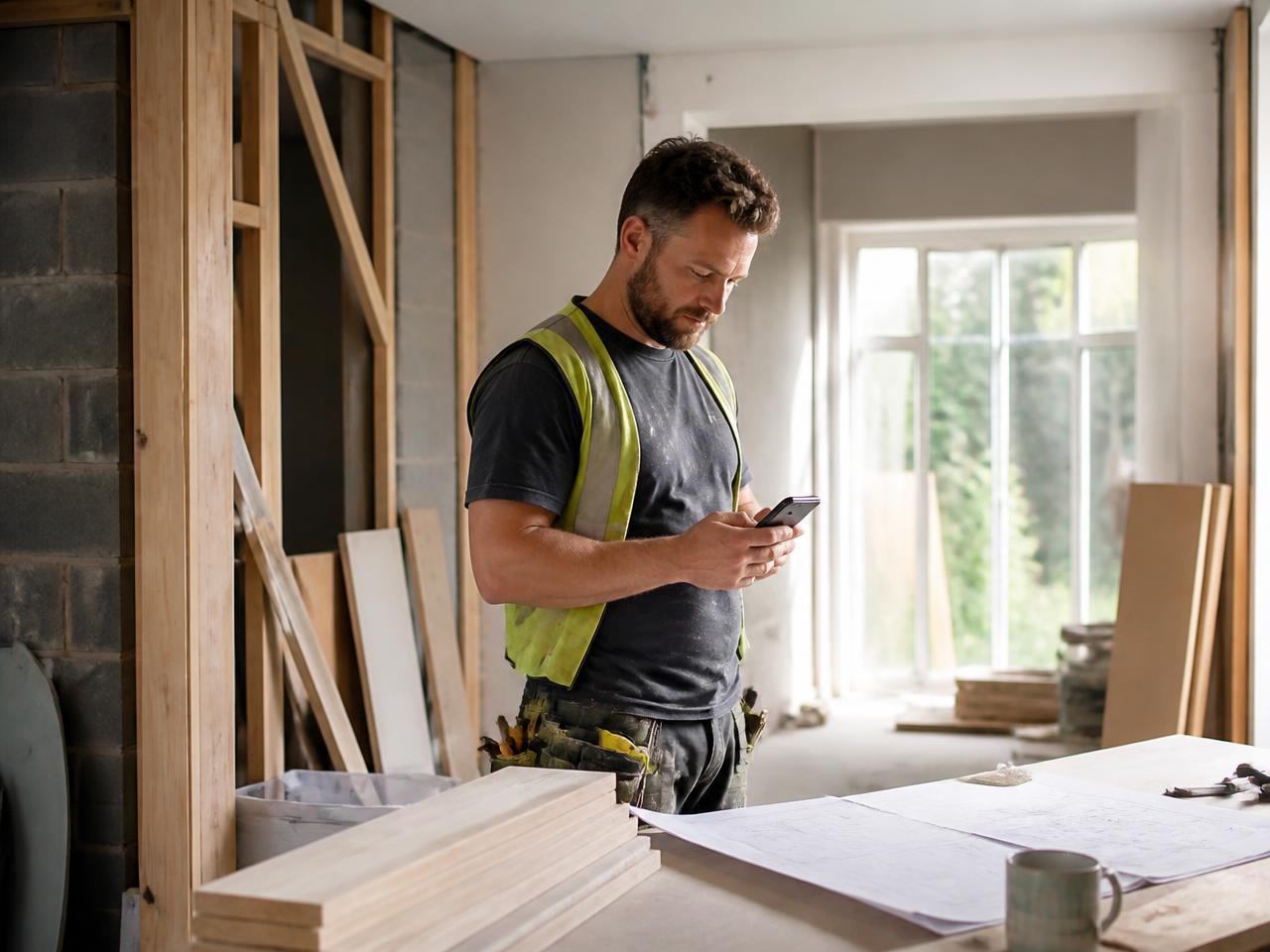 UK builder checking his phone during a home renovation
